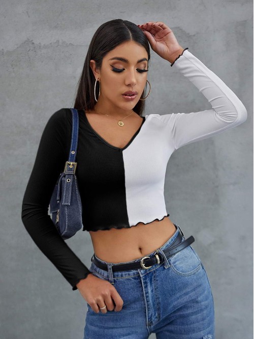 Lettuce Trim Rib-knit Colorblock Crop Tee