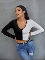 Lettuce Trim Rib-knit Colorblock Crop Tee