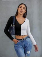 Lettuce Trim Rib-knit Colorblock Crop Tee