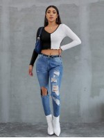 Lettuce Trim Rib-knit Colorblock Crop Tee