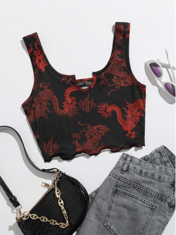 Dragon Print Lettuce Trim Crop Tank Top