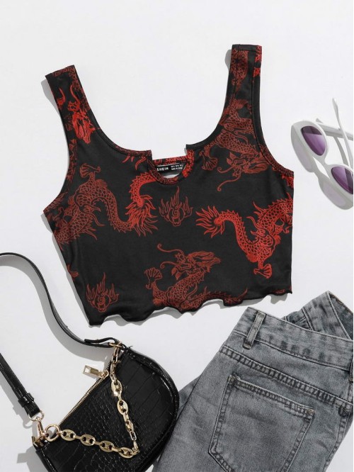 Dragon Print Lettuce Trim Crop Tank Top