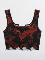 Dragon Print Lettuce Trim Crop Tank Top