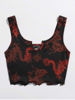 Dragon Print Lettuce Trim Crop Tank Top