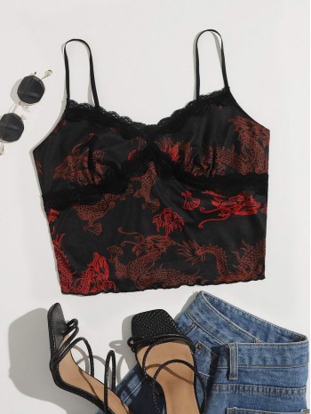 Lace Trim Chinese Dragon and Fire Print Cami Top