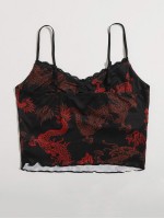 Lace Trim Chinese Dragon and Fire Print Cami Top