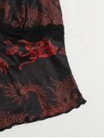 Lace Trim Chinese Dragon and Fire Print Cami Top