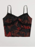 Lace Trim Chinese Dragon and Fire Print Cami Top