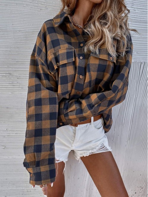 Buffalo Plaid Flap Pocket Oversized Blouse