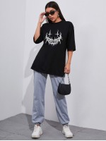 Drop Shoulder Reflective Graphic Print Tee