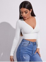 Surplice Neck Rib-knit Crop Tee