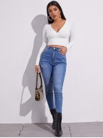 Surplice Neck Rib-knit Crop Tee