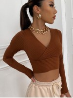 Surplice Neck Rib-knit Crop Tee