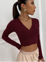 Surplice Neck Rib-knit Crop Tee