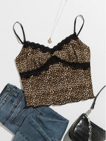 Lace Trim Lettuce Edge Leopard Cami Top