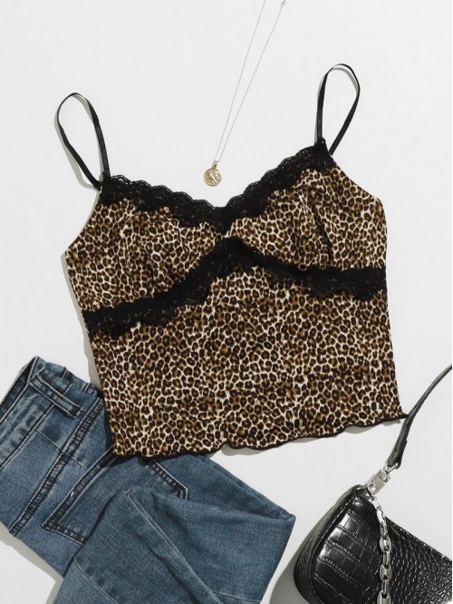 Lace Trim Lettuce Edge Leopard Cami Top