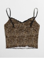 Lace Trim Lettuce Edge Leopard Cami Top