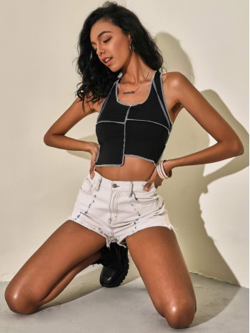 Stitch Trim Asymmetrical Hem Tank Crop Top