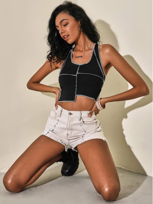 Stitch Trim Asymmetrical Hem Tank Crop Top