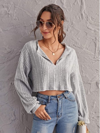 Notch Neck Drop Shoulder Crop Tee