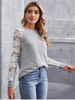 Sheer Lace Raglan Sleeve Colorblock Tee