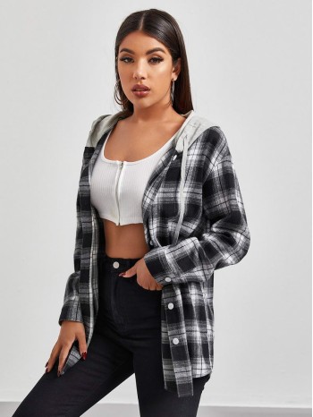 Contrast Hooded Plaid Blouse