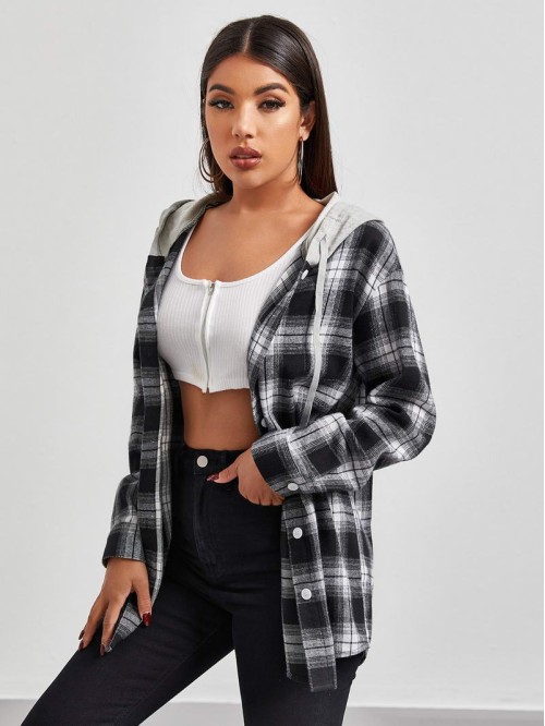 Contrast Hooded Plaid Blouse