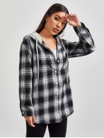 Contrast Hooded Plaid Blouse