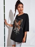 Butterfly & Letter Graphic Oversized Tee