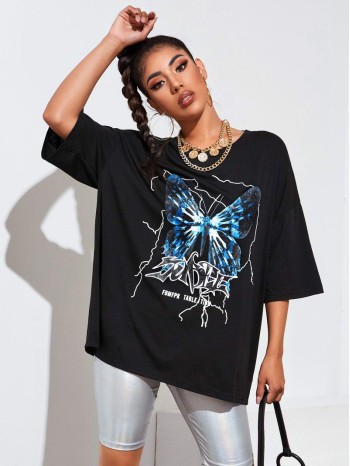 Butterfly & Letter Graphic Oversized Tee