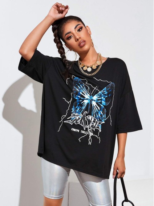 Butterfly & Letter Graphic Oversized Tee