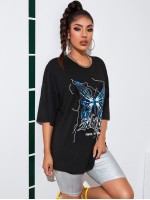 Butterfly & Letter Graphic Oversized Tee