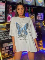 Letter & Butterfly Print Oversized Tee