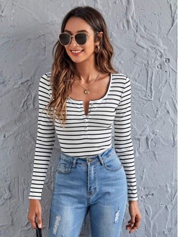 Press Button Half Placket Striped Tee