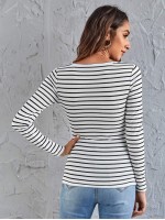 Press Button Half Placket Striped Tee