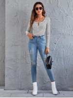 Press Button Half Placket Striped Tee