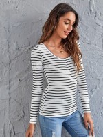 Press Button Half Placket Striped Tee