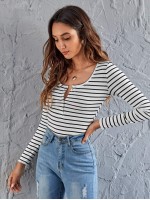 Press Button Half Placket Striped Tee