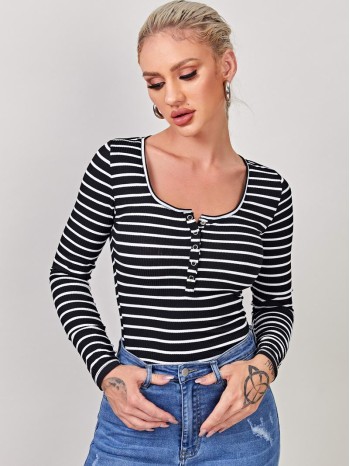 Press Button Half Placket Striped Tee