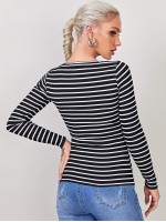 Press Button Half Placket Striped Tee