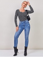 Press Button Half Placket Striped Tee