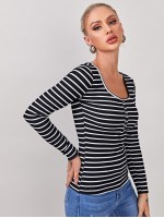 Press Button Half Placket Striped Tee