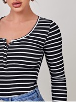 Press Button Half Placket Striped Tee