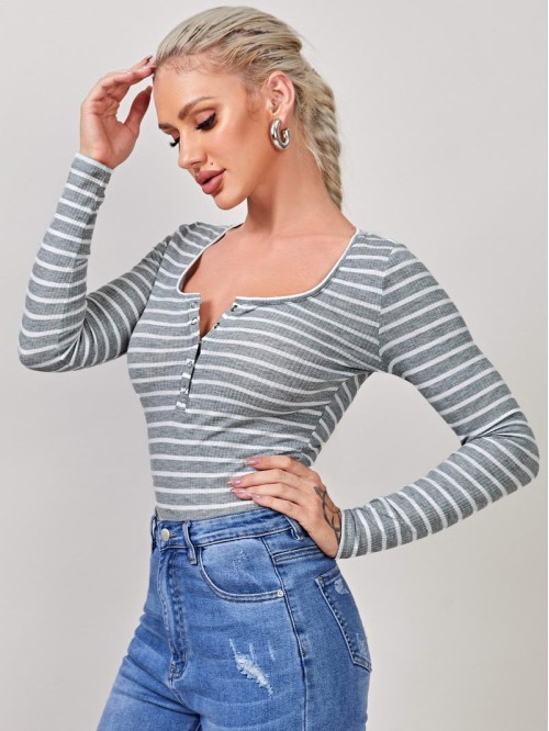 Press Button Half Placket Striped Tee