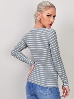 Press Button Half Placket Striped Tee