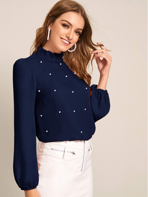 Frilled Neck Pearl Beaded Top