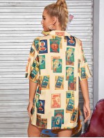 Button Front Chinese Cigarette Poster Print Blouse