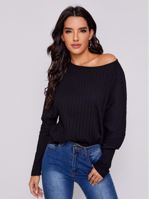 Off Shoulder Rib-knit Solid Top