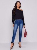 Off Shoulder Rib-knit Solid Top