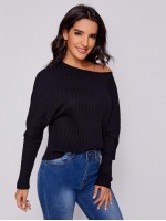 Off Shoulder Rib-knit Solid Top